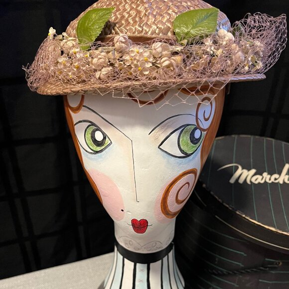 Vintage 1950s Valerie Modes Woven Straw Hat, netting, velvetribbon,satin flowers main image 5